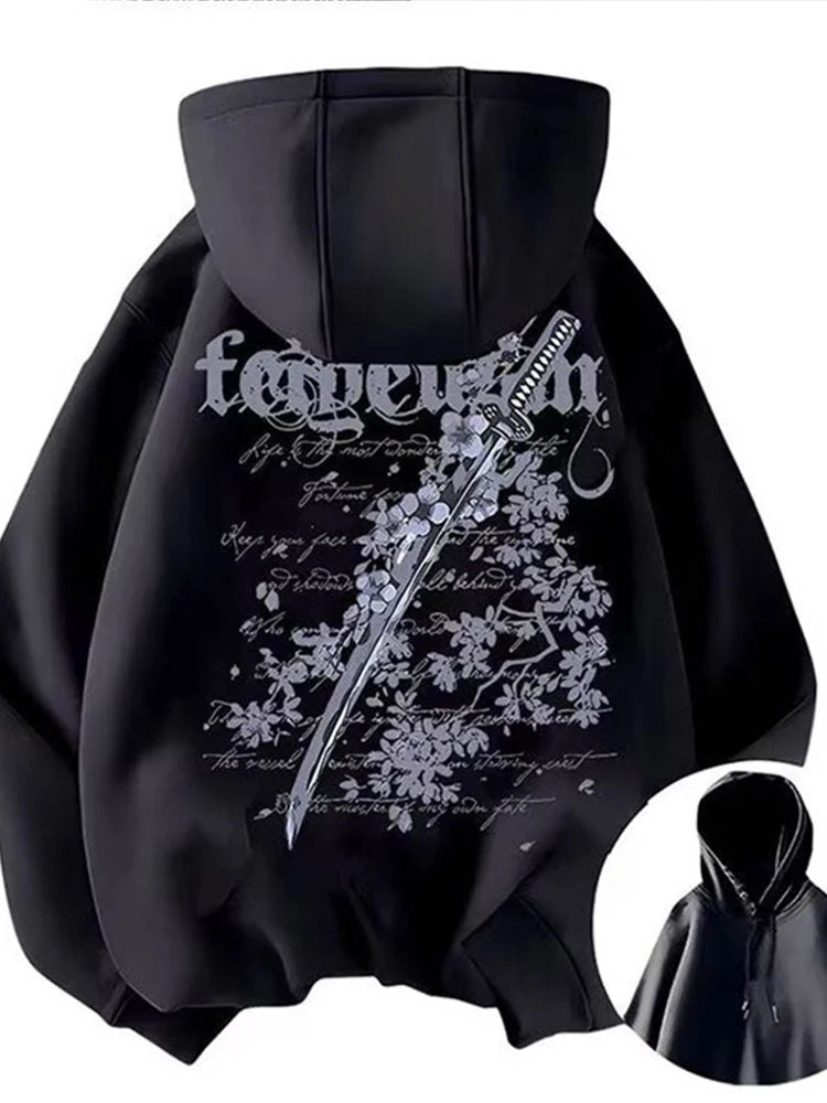 Y2K Cherry Blossom Sword Graphic Hoodie | Unisex Cotton Fleece Pullover