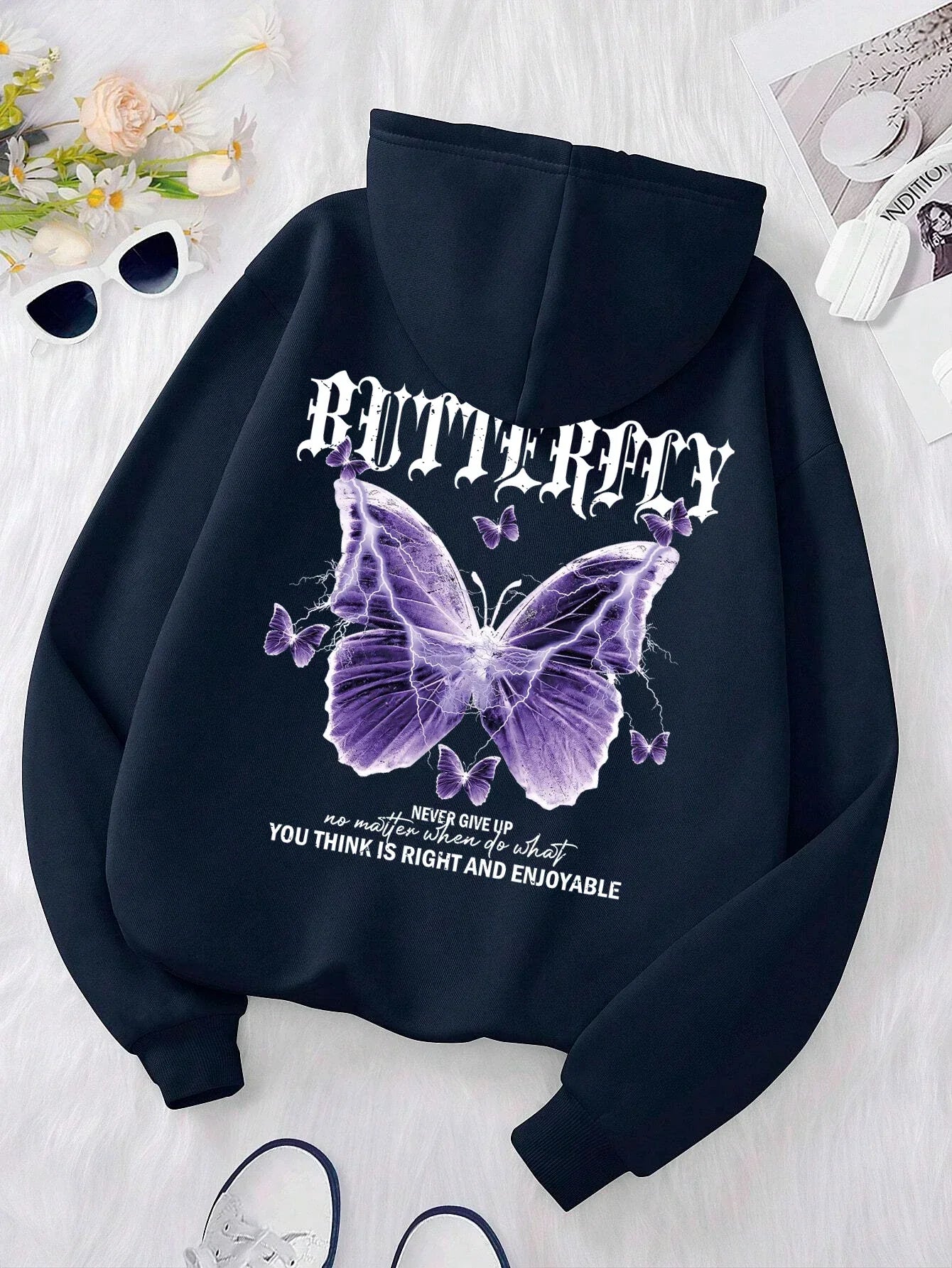 Butterfly Print Fleece Hoodie | Women's Casual Pullover Sweatshirt