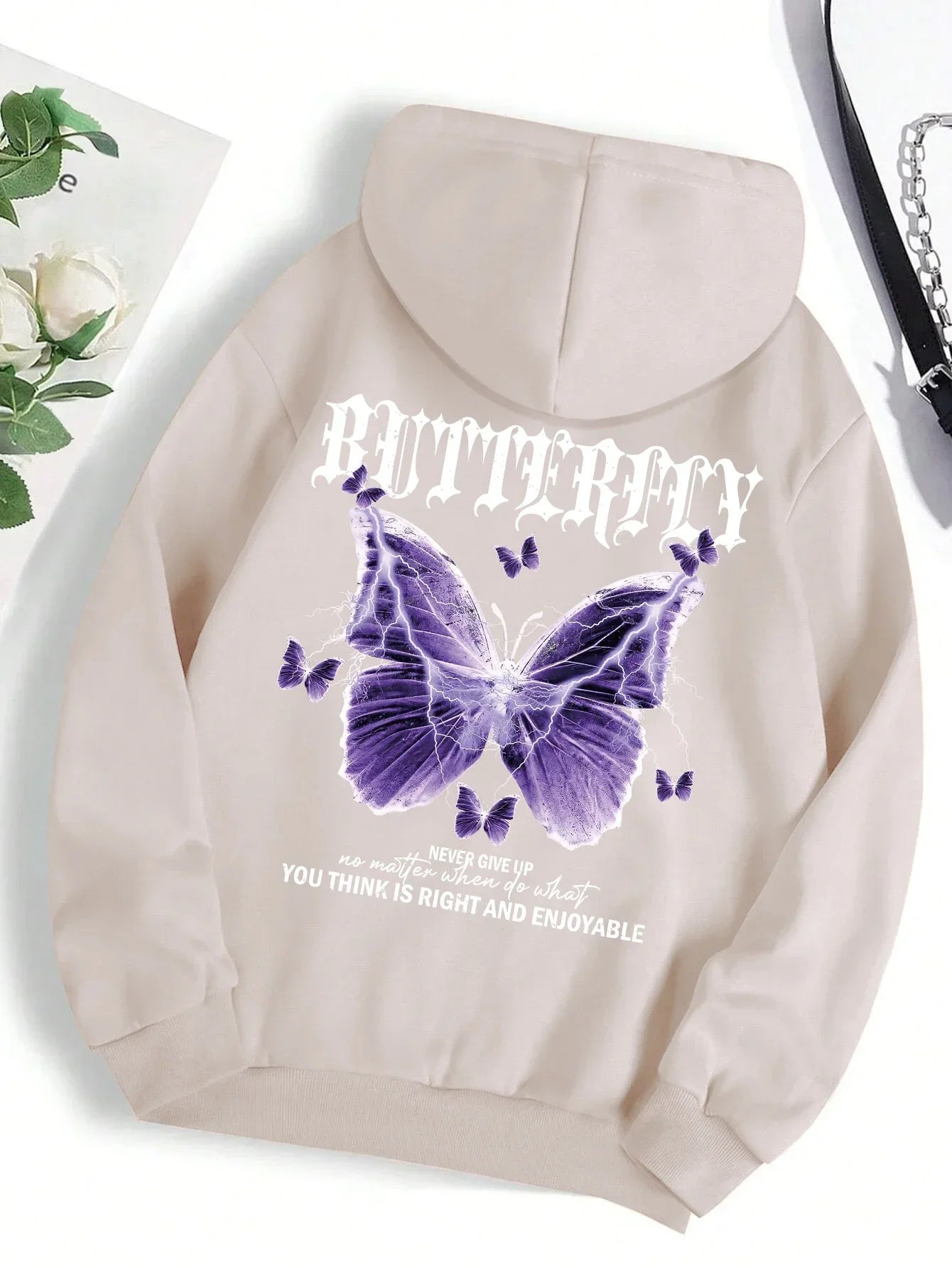 Butterfly Print Fleece Hoodie | Women's Casual Pullover Sweatshirt