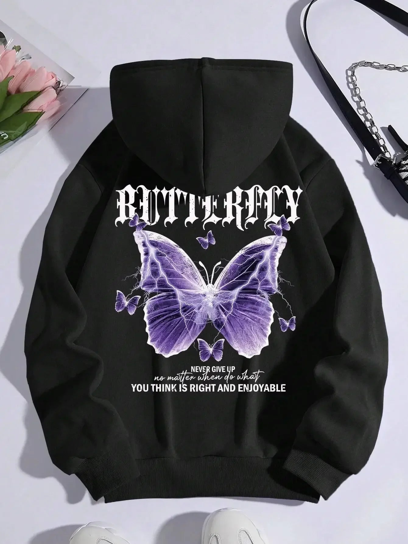 Butterfly Print Fleece Hoodie | Women's Casual Pullover Sweatshirt