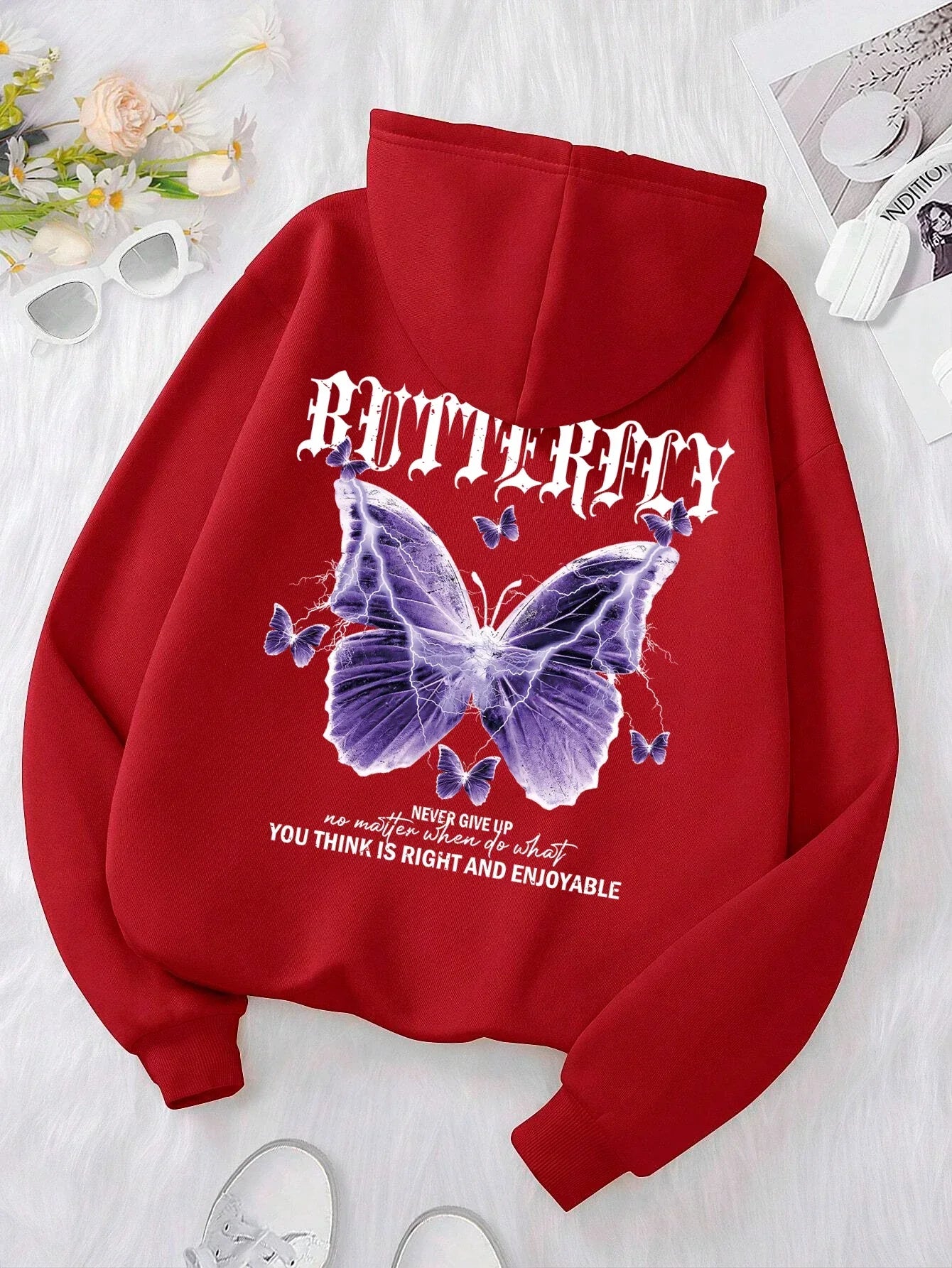 Butterfly Print Fleece Hoodie | Women's Casual Pullover Sweatshirt