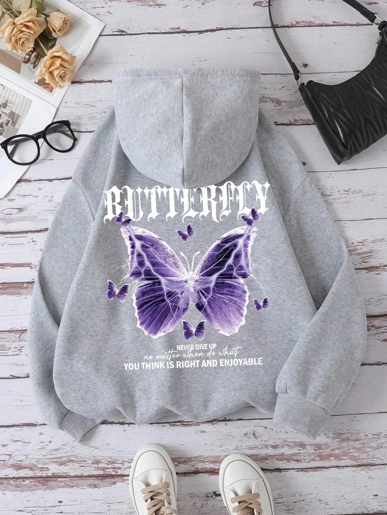Butterfly Print Fleece Hoodie | Women's Casual Pullover Sweatshirt