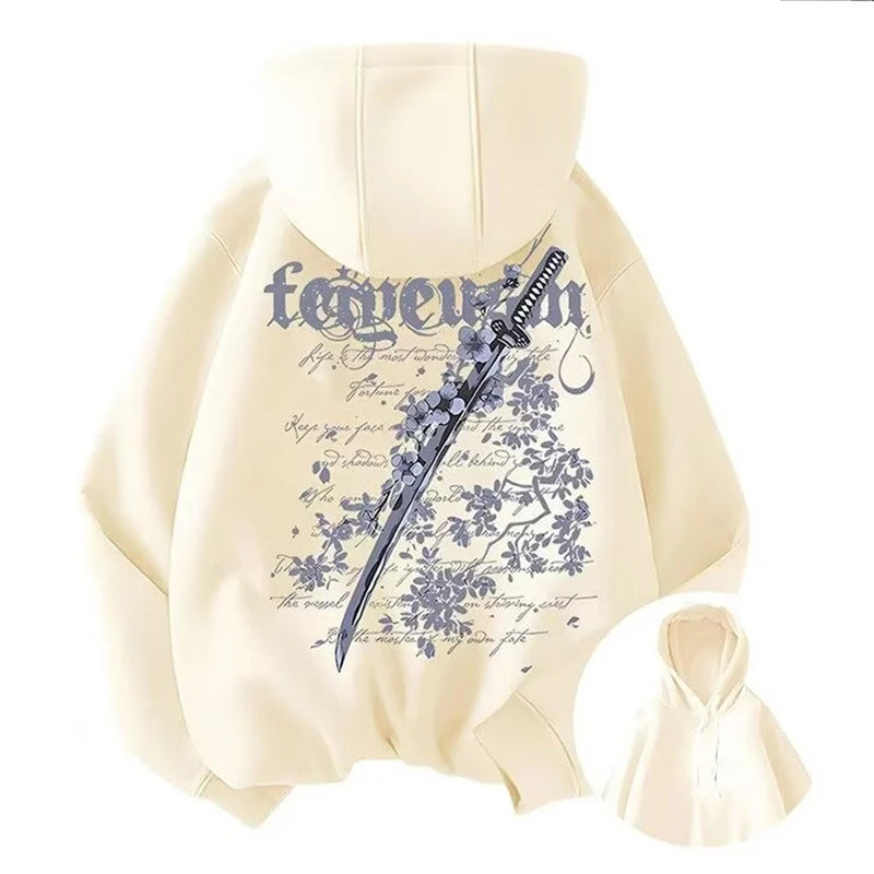 Y2K Cherry Blossom Sword Graphic Hoodie | Unisex Cotton Fleece Pullover