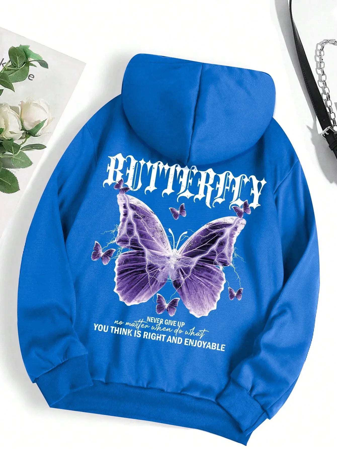 Butterfly Print Fleece Hoodie | Women's Casual Pullover Sweatshirt