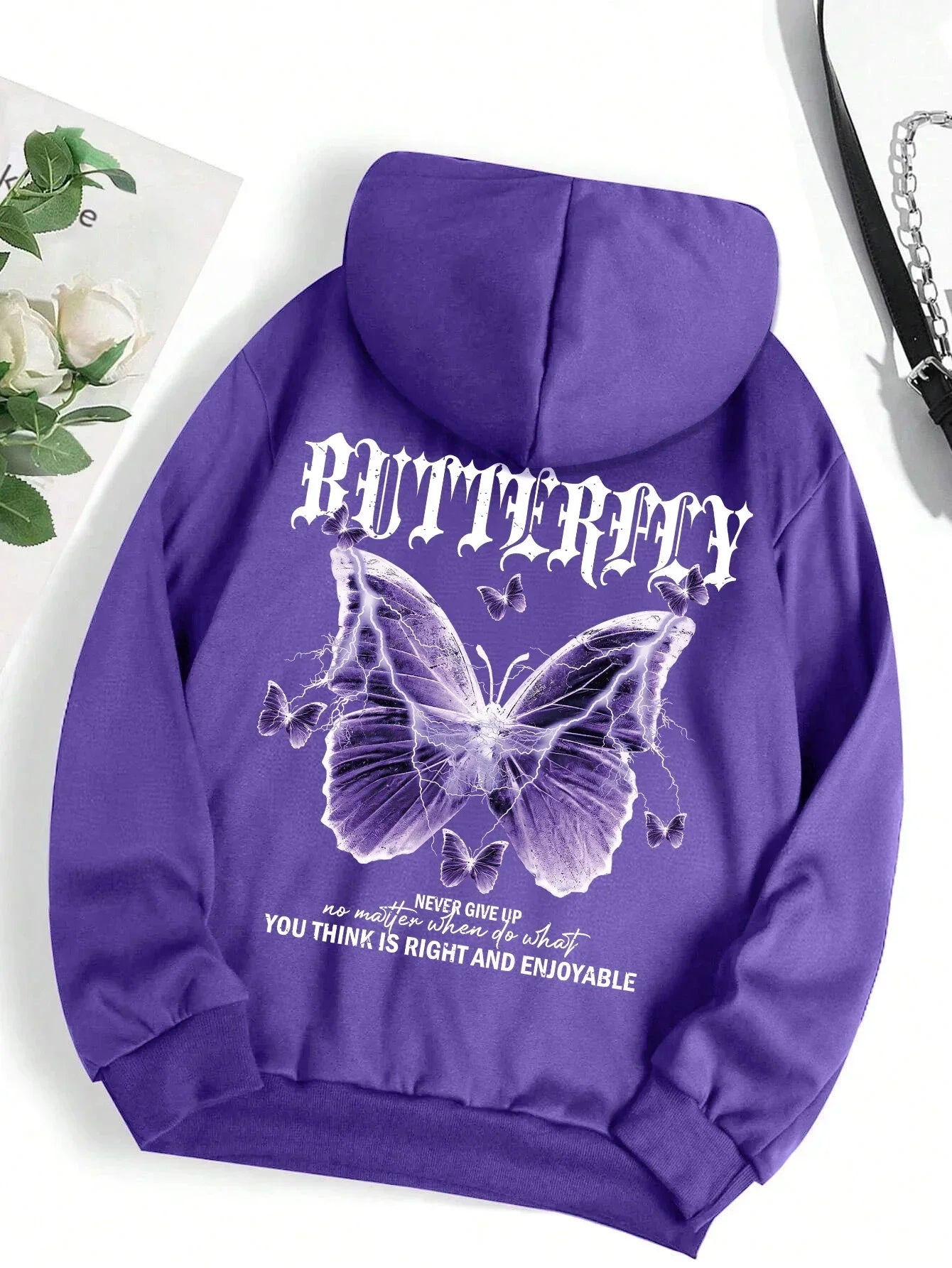 Butterfly Print Fleece Hoodie | Women's Casual Pullover Sweatshirt