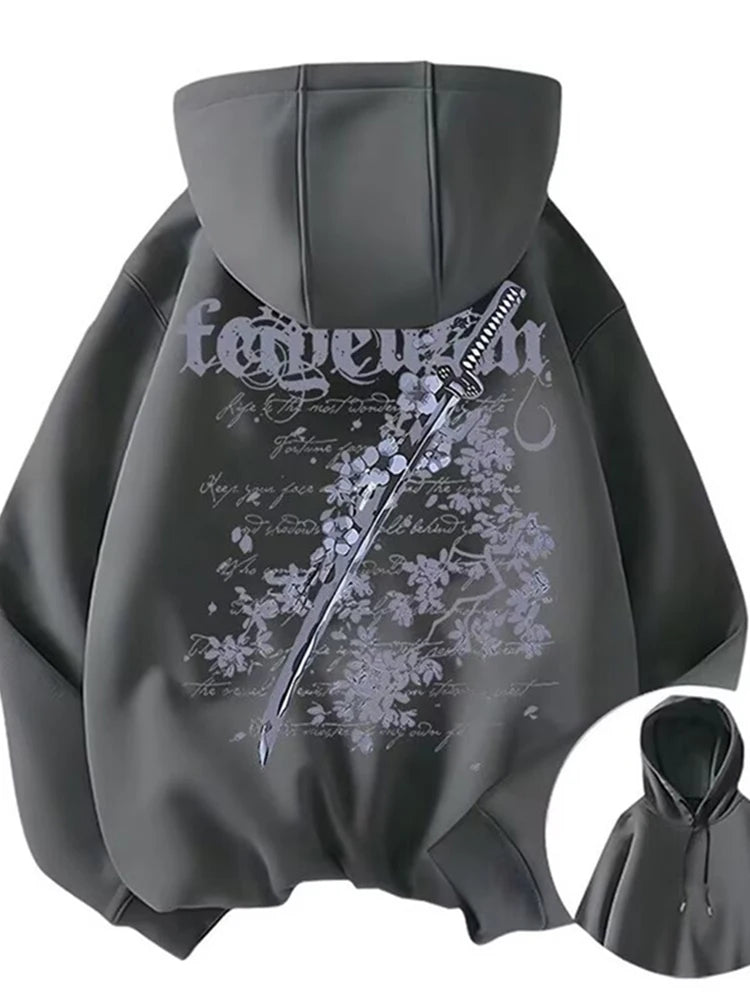 Y2K Cherry Blossom Sword Graphic Hoodie | Unisex Cotton Fleece Pullover
