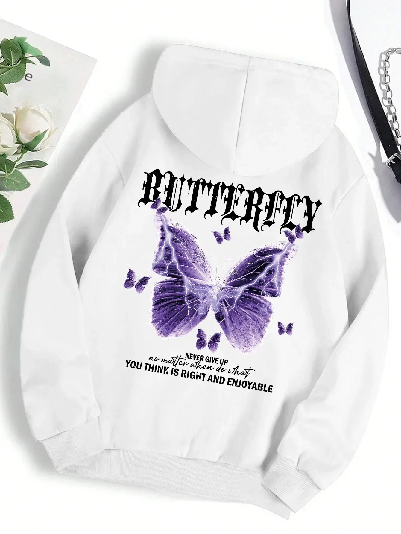 Butterfly Print Fleece Hoodie | Women's Casual Pullover Sweatshirt