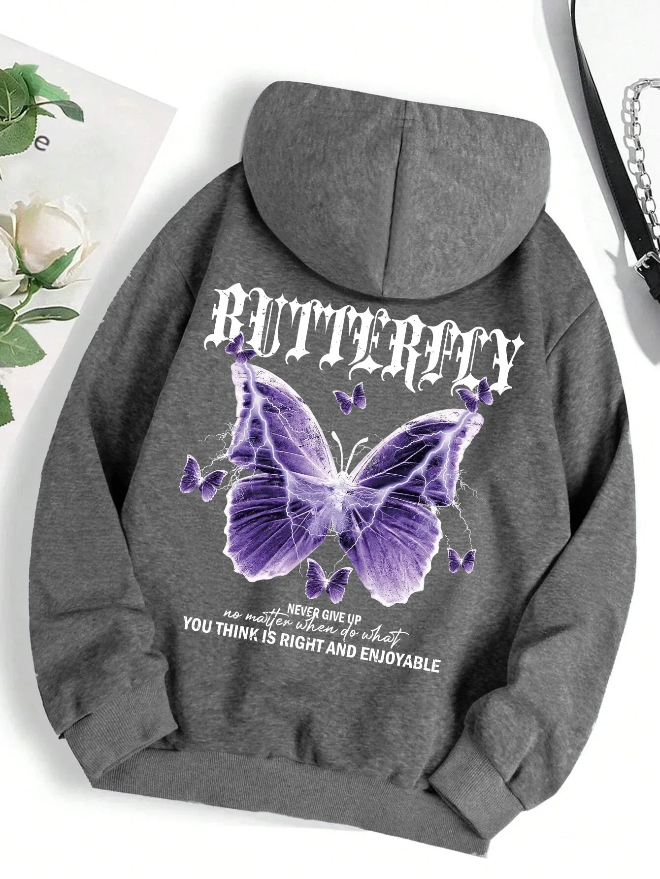 Butterfly Print Fleece Hoodie | Women's Casual Pullover Sweatshirt