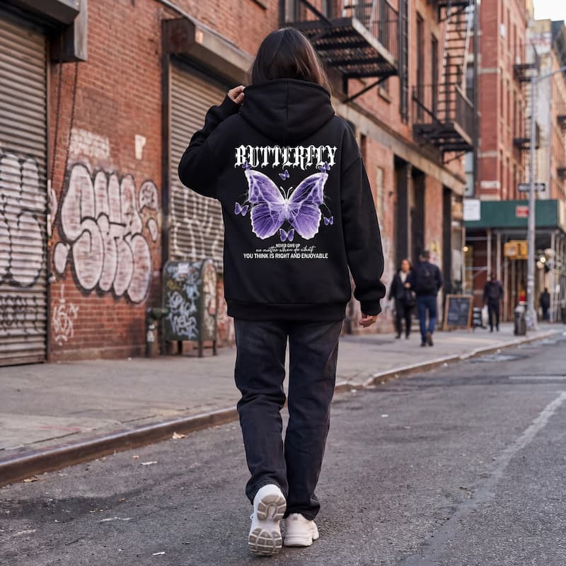 Butterfly Print Fleece Hoodie | Women's Casual Pullover Sweatshirt