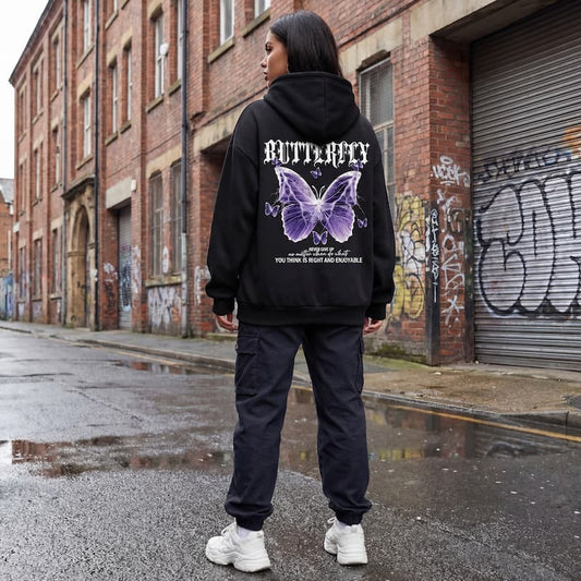 Butterfly Print Fleece Hoodie | Women's Casual Pullover Sweatshirt