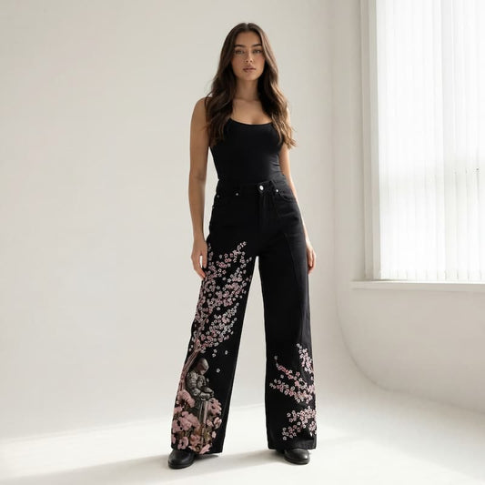 Y2K Cherry Blossom Embroidery Baggy Pants | Unisex Streetwear Trousers