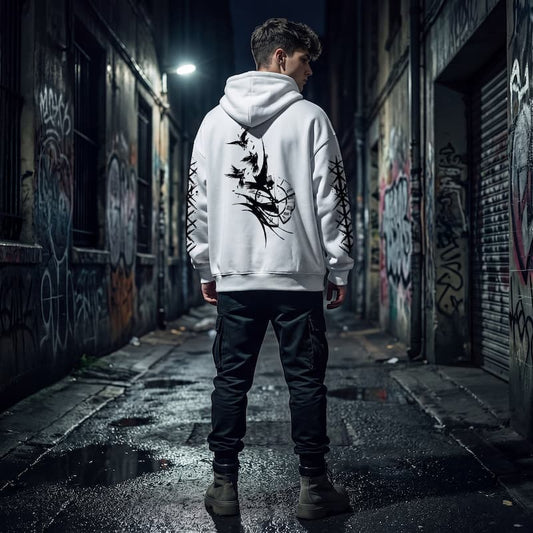 Men's 2D Crow & Clock Graphic Hoodie | Autumn Winter Streetwear