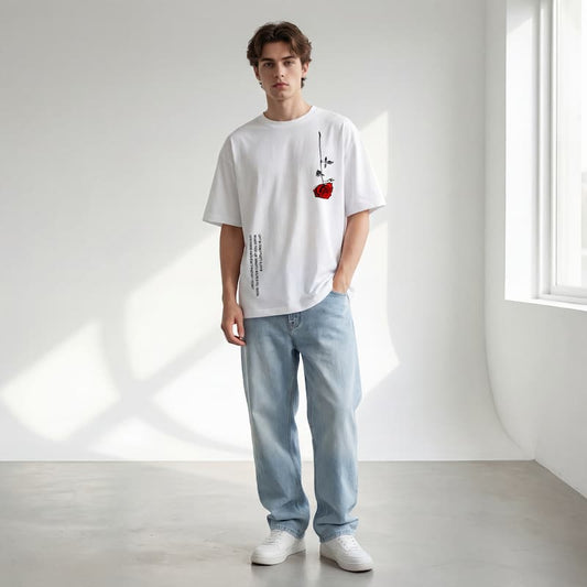 Men's Rose Print Cotton T-Shirt | Slim Fit Round Neck Summer Tee