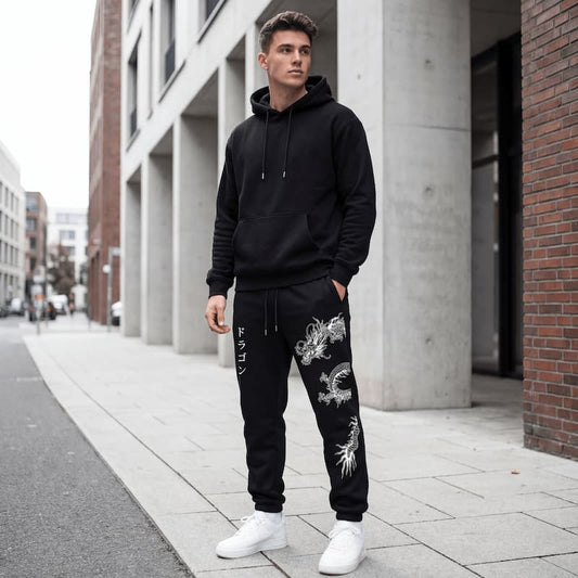 Men's Dragon Print Fleece Joggers | Drawstring Casual Sweatpants