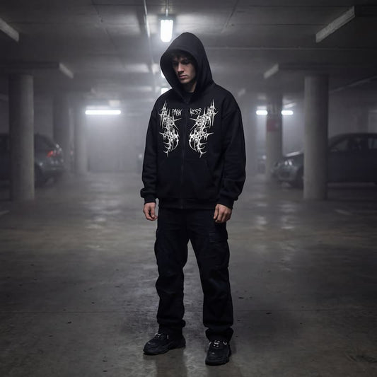 Men's Gothic Dark Pattern Zip-Up Hoodie | Heavy Duty Winter Jacket