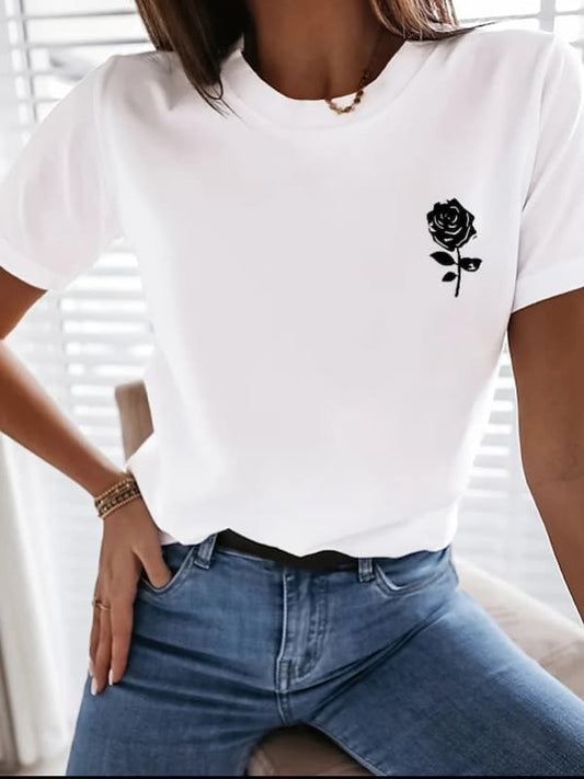 Rose Flower Printing Tops Cotton T-Shirts For Womens